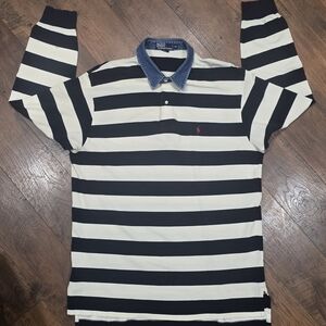 Polo Ralph Lauren Black and White Striped Polo with Denim Collar